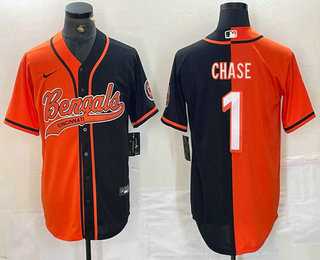 Mens Cincinnati Bengals #1 JaMarr Chase Orange Black Two Tone Cool Base Stitched Baseball Jersey->cincinnati bengals->NFL Jersey